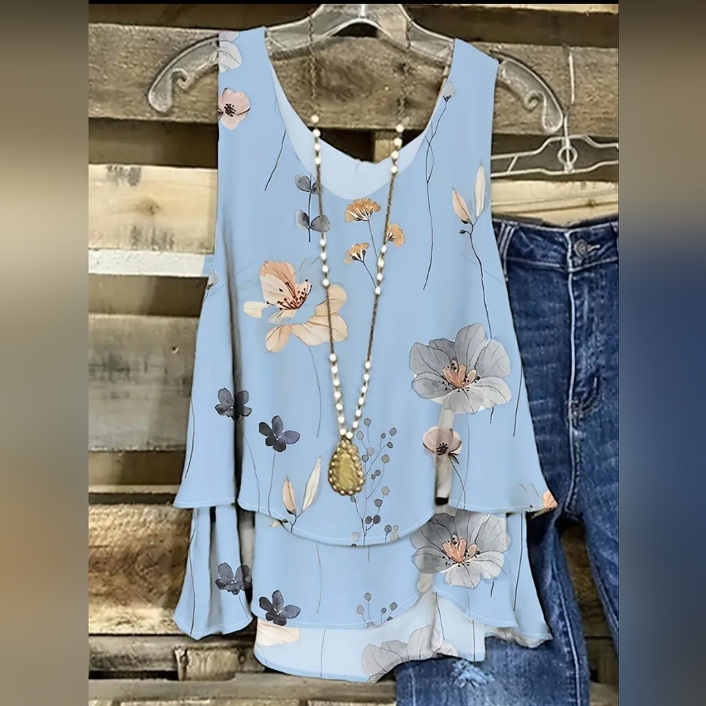 Floral Print Tank Top - Crew Neck.  Semi-sheer - Light Blue NWT
